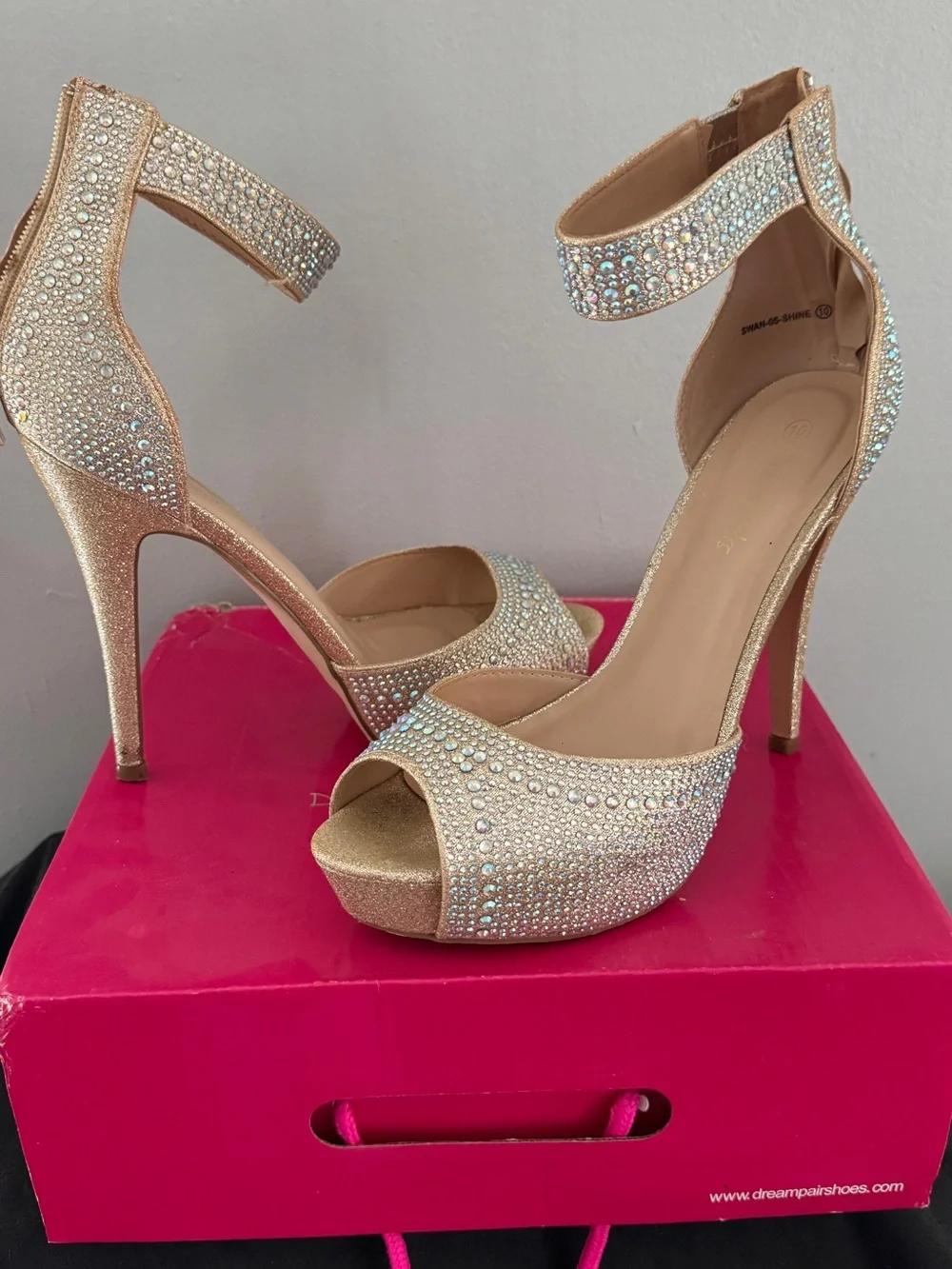Dream Pairs Gold Rhinestone Ankle-Strap Platform Heels